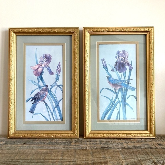 Gold framed birds floral prints signed Kay Lamb Shannon - Picture 1 of 6